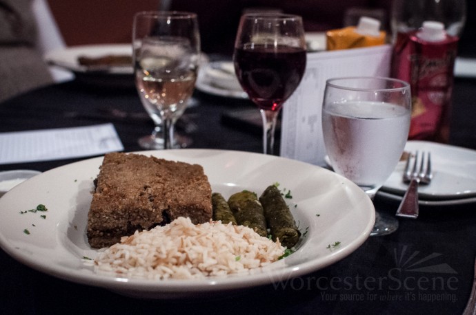 Lebanese platter of baked kibbe, grape leaves and rice pilaf from Le Mirage