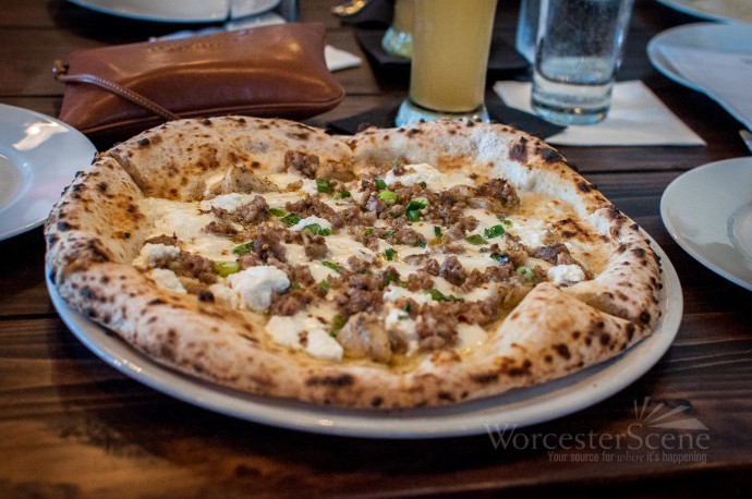 Bianca Ricotta Fior di Latte Chile Roasted Garlic Scallion Pizza from Volturno on Shrewsbury Street in Worcester, MA
