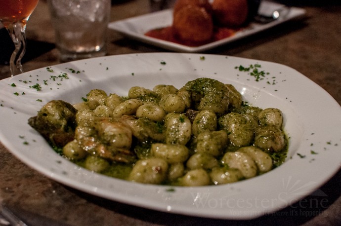 Pesto and gnocchi with herbed ricotta and shrimp from La Scala on Shrewsbury Street in Worcester, MA