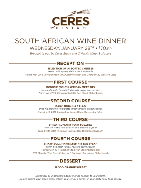 Ceres Wine Dinner Menu for January