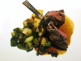 Rack of lamb, polenta, crispy Brussel sprouts with pan jus