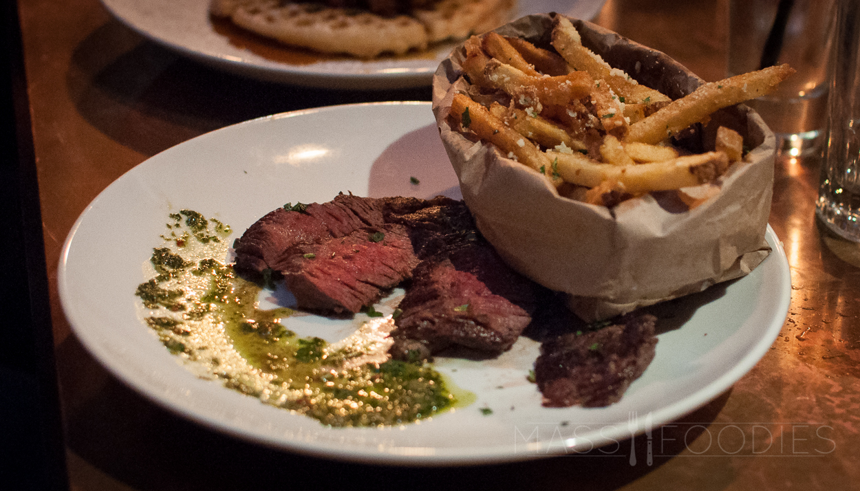 Steak Frites - Watercress cilantro chimichurri, truffled house cut fries, shaved pecorino—from Hangover Pub on Green Street in Worcester, MA