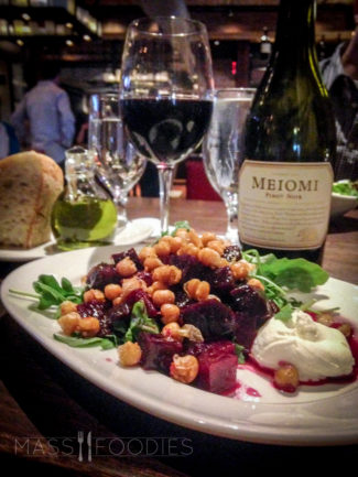 Via's Beet Salad, which is served with whipped goat cheese, balsamic reduction, fresh arugula, and fried garbanzo beans pairs beautifully with the Meiomi Pinot Noir.