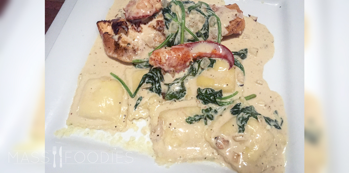Salmone Atlantico ($24)—The filet of salmon was sautéed with creamy Madeira wine sauce, fresh spinach and lobster meat served with 5 large cheese ravioli’s
