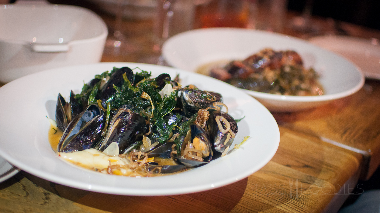 Sautéed mussels with pomme puree, crispy alliums, and herbs from deadhorse hill on Main Street in Worcester, MA