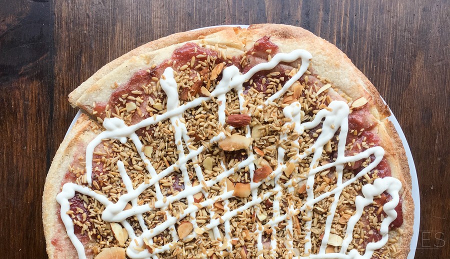BirchTree Breakfast Pizza: Topped with strawberry banana jam, almond & coconut granola, and a drizzle of vanilla bean yogurt.