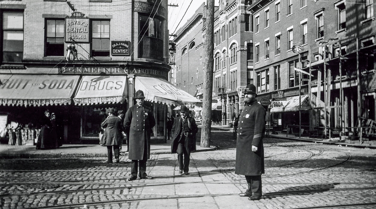 Worcester Police Department patrolling Harrington Corner—looking up Pleasant Street—during Prohibition. (Collection of Worcester Historical Museum)