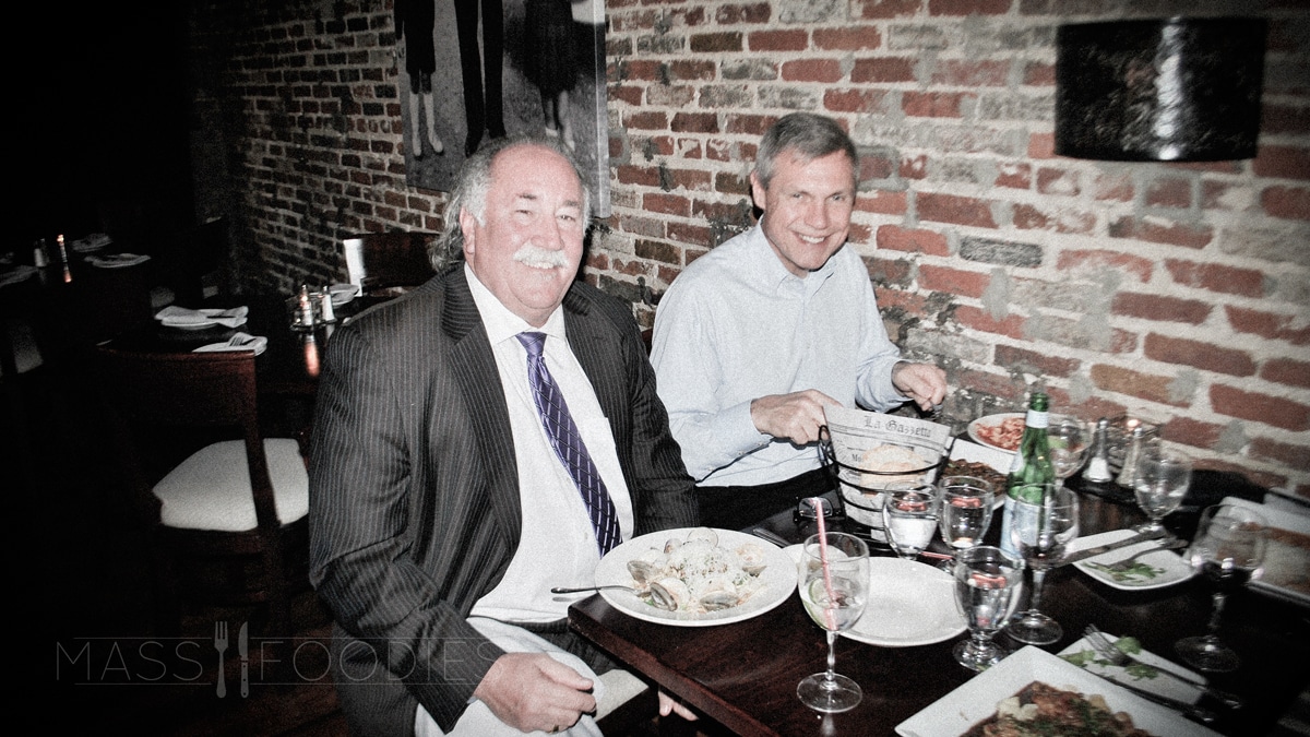 Representatives Jim O'Day and John Mahoney talking politics over dinner at Mari E Monti.