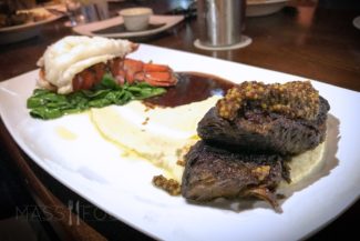 Braised short rib and lobster tail with pickled mustard seeds, celery root puree, spinach and port wine demi from 435 Bar & Grille in Leominster, MA.