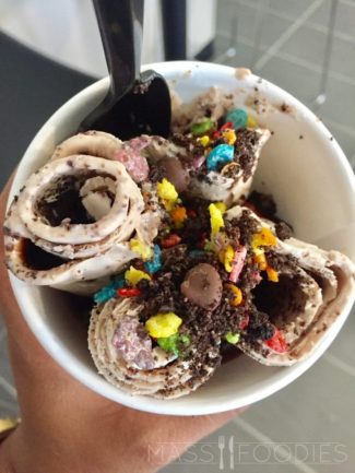 Cookie Monster ice cream roll with oreo and fudge from Tastetea Rolls on Park Avenue in Worcester, MA
