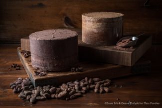 All the cocoa used in Goodnow Farms chocolate is single origin, including the cocoa butter. Cocoa powder made from the beans is pressed into blocks and then ground and sold to chefs or mixed with sugar to make Goodnow’s hot chocolate mix. (Erb Photography for Mass Foodies)