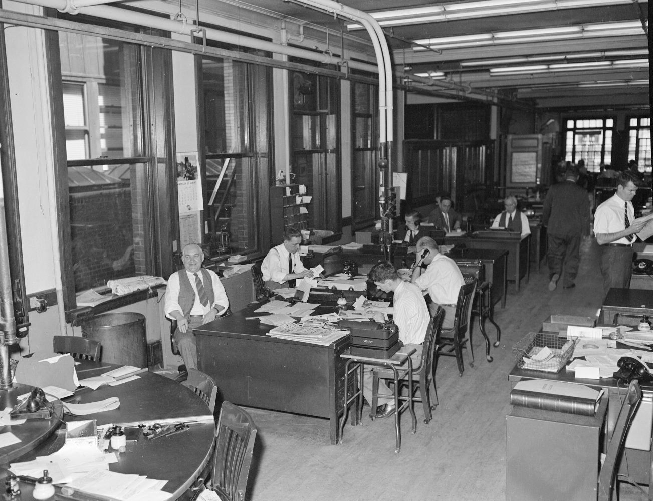 Telegram and Gazette Newsroom (May 19, 1949) from the George Cocaine collection at Worcester Historical Museum, Worcester Massachusetts.
